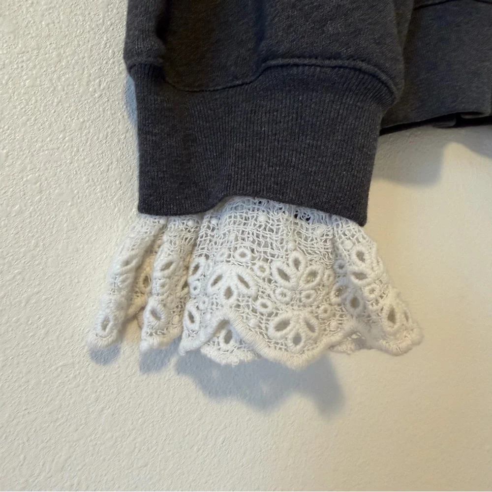 J. Crew Gray Pullover Crewneck Sweatshirt with Crochet Lace Collar and Cuffs